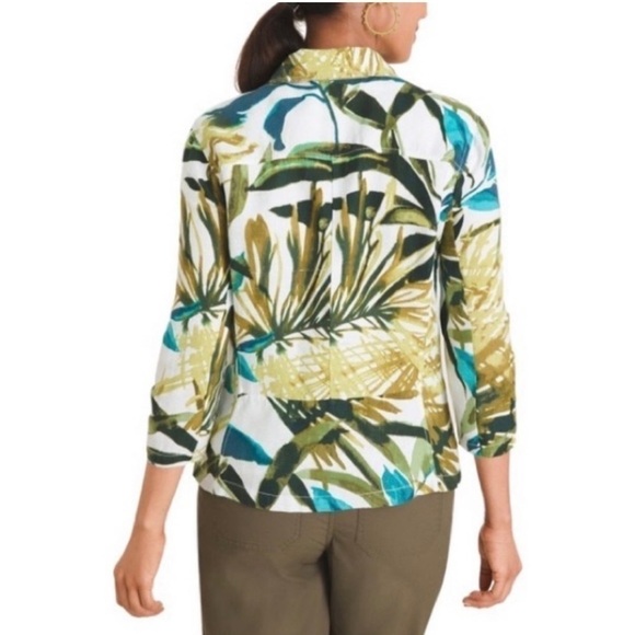 Chico's Tropical Print Linen Collar 3/4 Sleeve White Green Zip Jacket - Picture 8 of 16